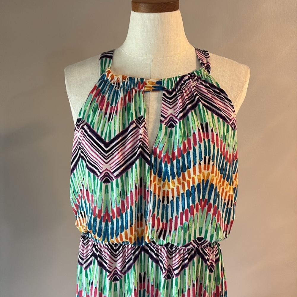 Multicolor Chevron Maxi halter summer Dress  blouson very stretchy L - Picture 2 of 8